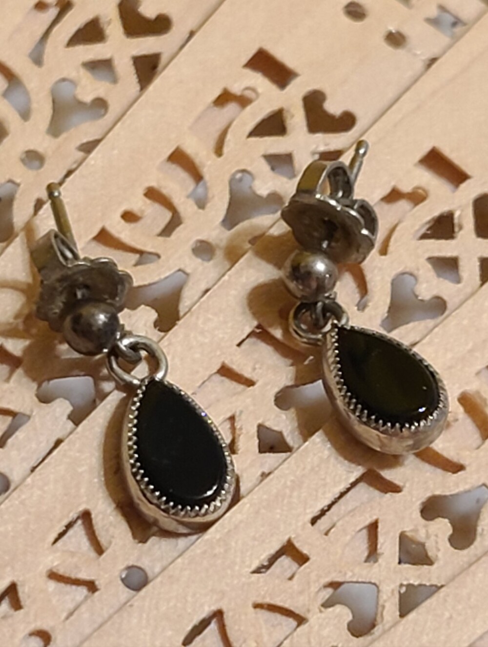 Antique Sterling Teardrop Earrings with Black Stones